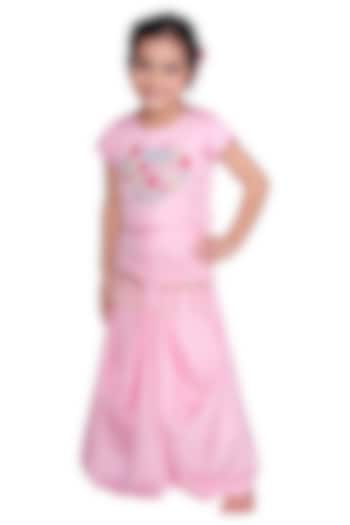 Pink Embroidered Dhoti Skirt Set For Girls by Free Sparrow at Pernia's Pop Up Shop