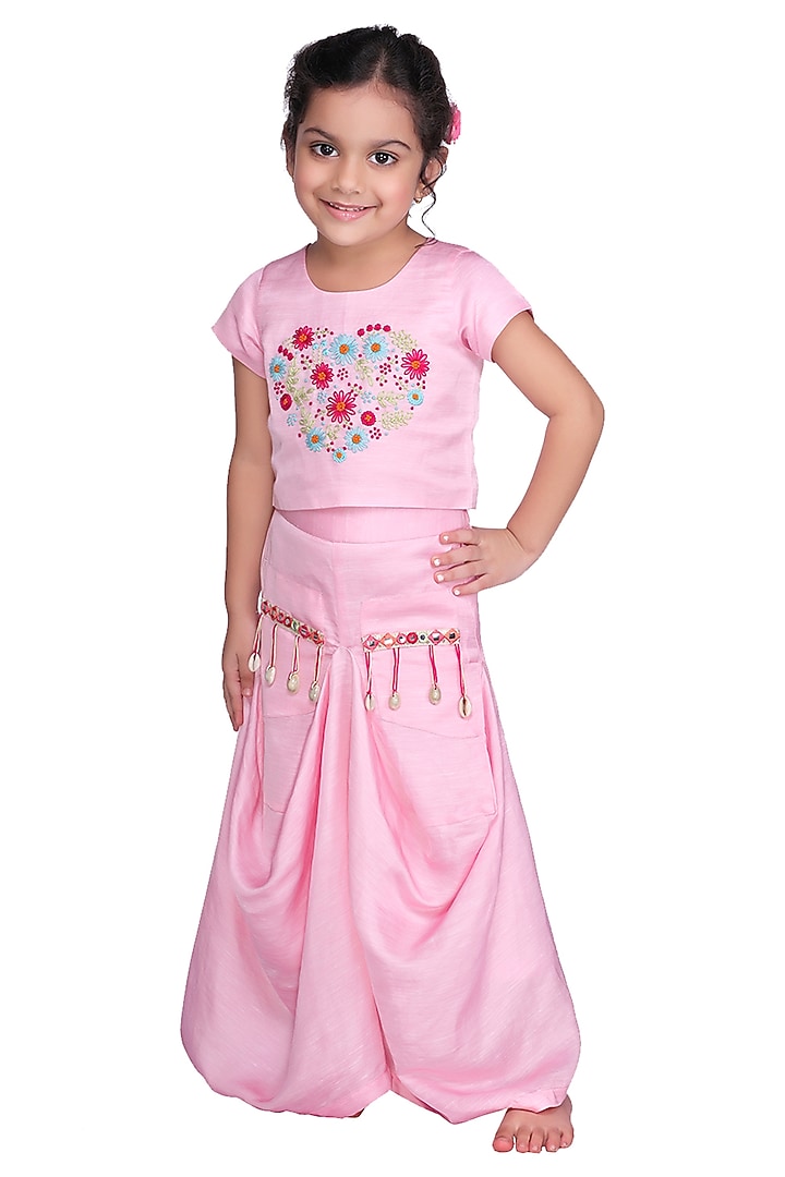 Pink Embroidered Dhoti Skirt Set For Girls by Free Sparrow at Pernia's Pop Up Shop
