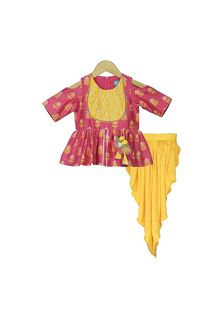 Fuchsia & Yellow Embroidered Dhoti Set For Girls by Free Sparrow