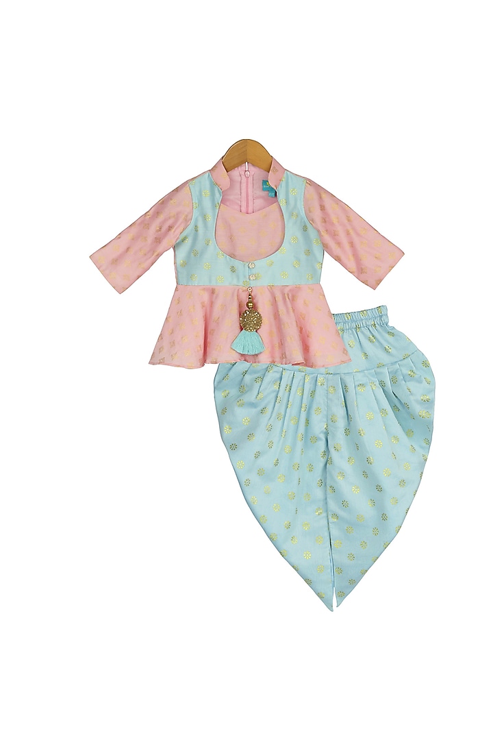 Pink & Blue Foil Printed Dhoti Set For Girls by Free Sparrow