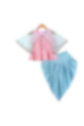 Pink & Blue Cape Dhoti Set For Girls by Free Sparrow