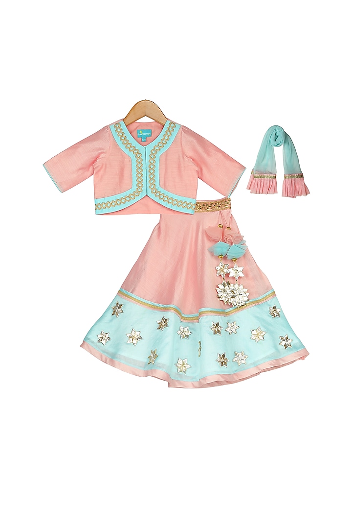 Peach & Blue Lehenga Set With Gota Flowers For Girls by Free Sparrow at Pernia's Pop Up Shop