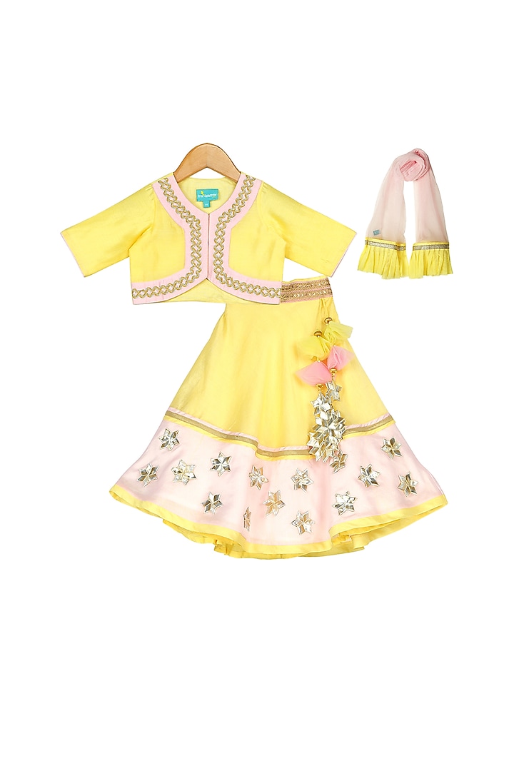 Pink & Yellow Lehenga Set With Latkans For Girls by Free Sparrow
