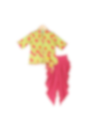 Light Green & Fuchsia Dhoti Set With Tassels For Girls by Free Sparrow
