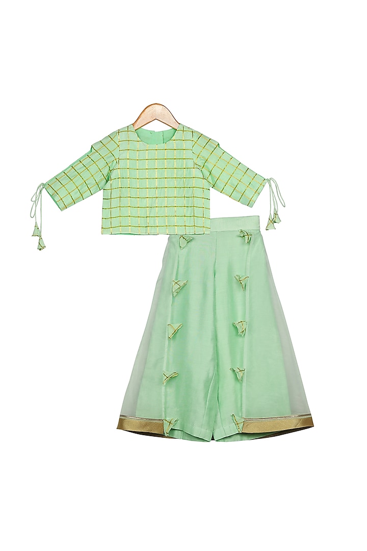 Pista Green Top With Palazzo Pants For Girls by Free Sparrow