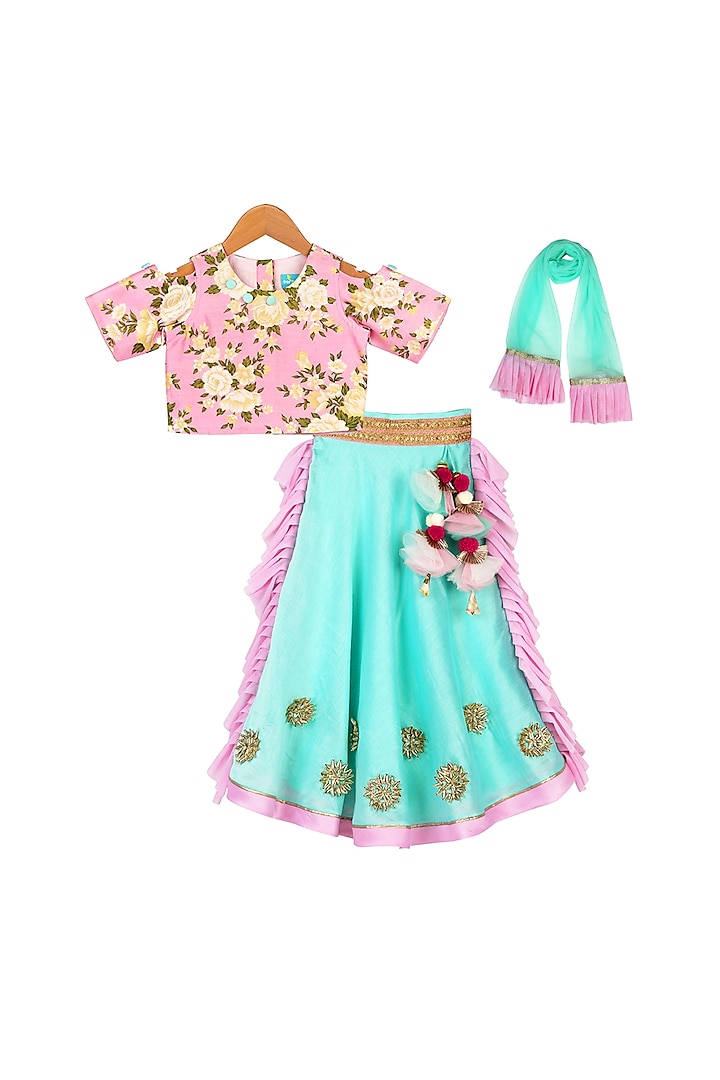 Aqua Blue & Pink Gharara Set For Girls by Free Sparrow at Pernia's Pop Up Shop