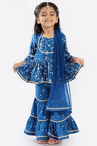 Cobalt Blue Tiered Sharara Set With Zari Work For Girls by Free Sparrow