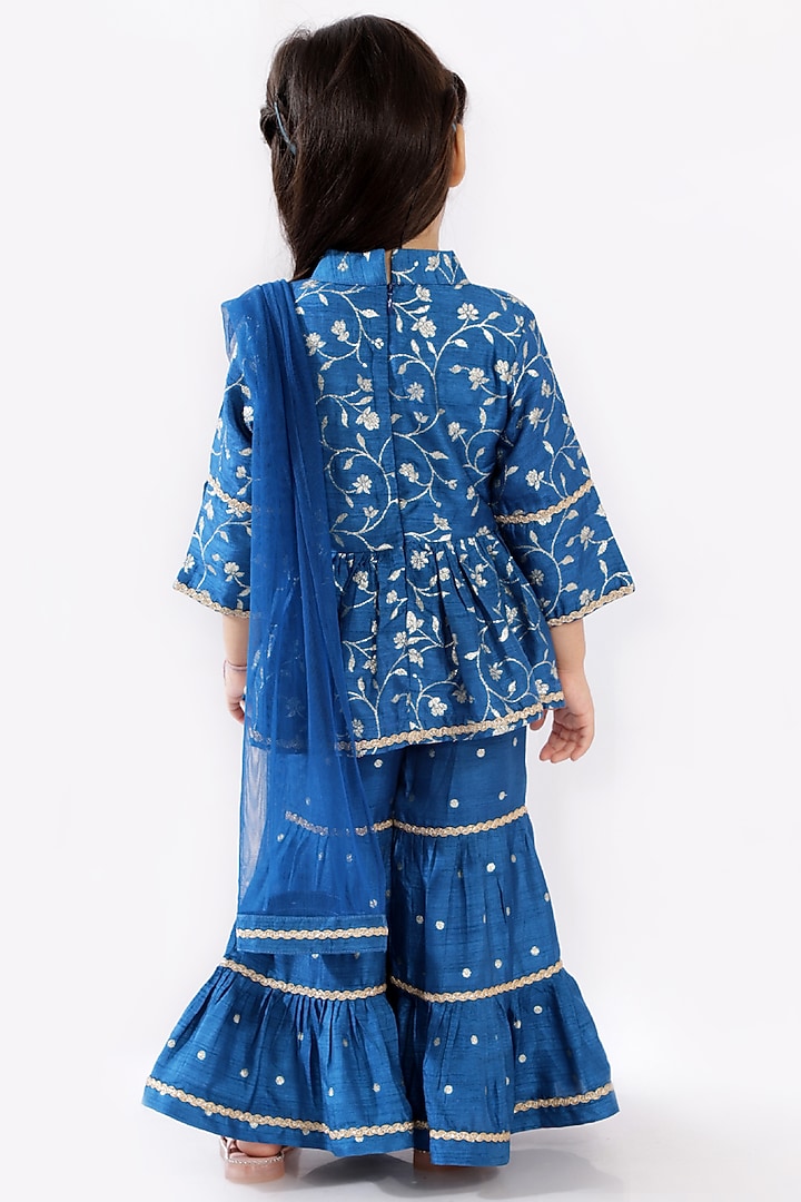 Cobalt Blue Tiered Sharara Set With Zari Work For Girls by Free Sparrow at Pernia's Pop Up Shop