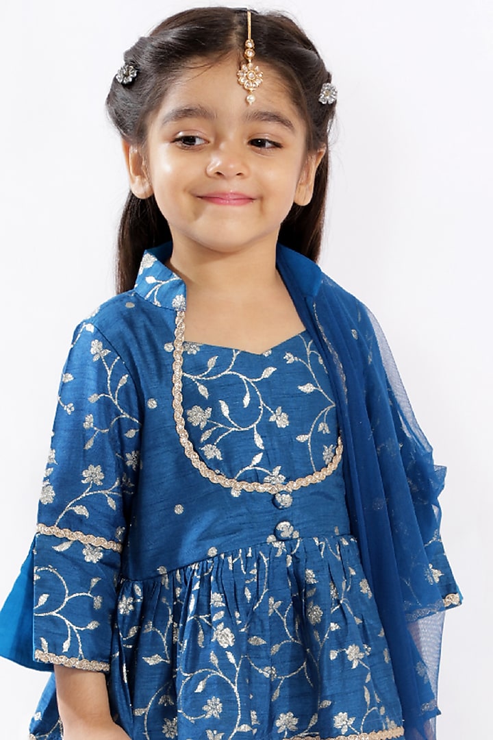 Cobalt Blue Tiered Sharara Set With Zari Work For Girls by Free Sparrow at Pernia's Pop Up Shop