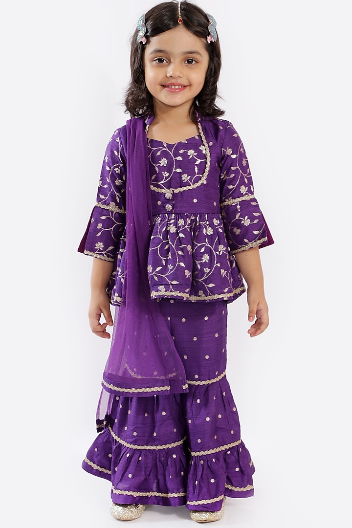 Violet Tiered Sharara Set With Zari Work For Girls by Free Sparrow