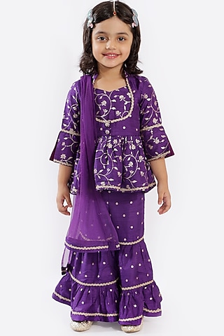 Violet Tiered Sharara Set With Zari Work For Girls by Free Sparrow
