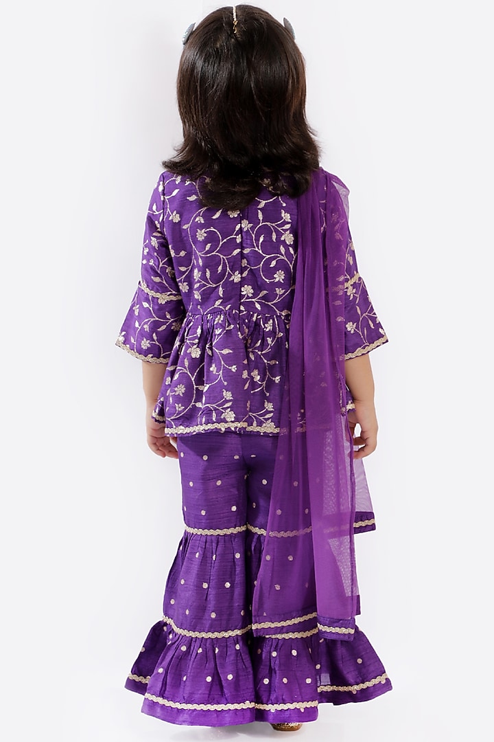 Violet Tiered Sharara Set With Zari Work For Girls by Free Sparrow at Pernia's Pop Up Shop