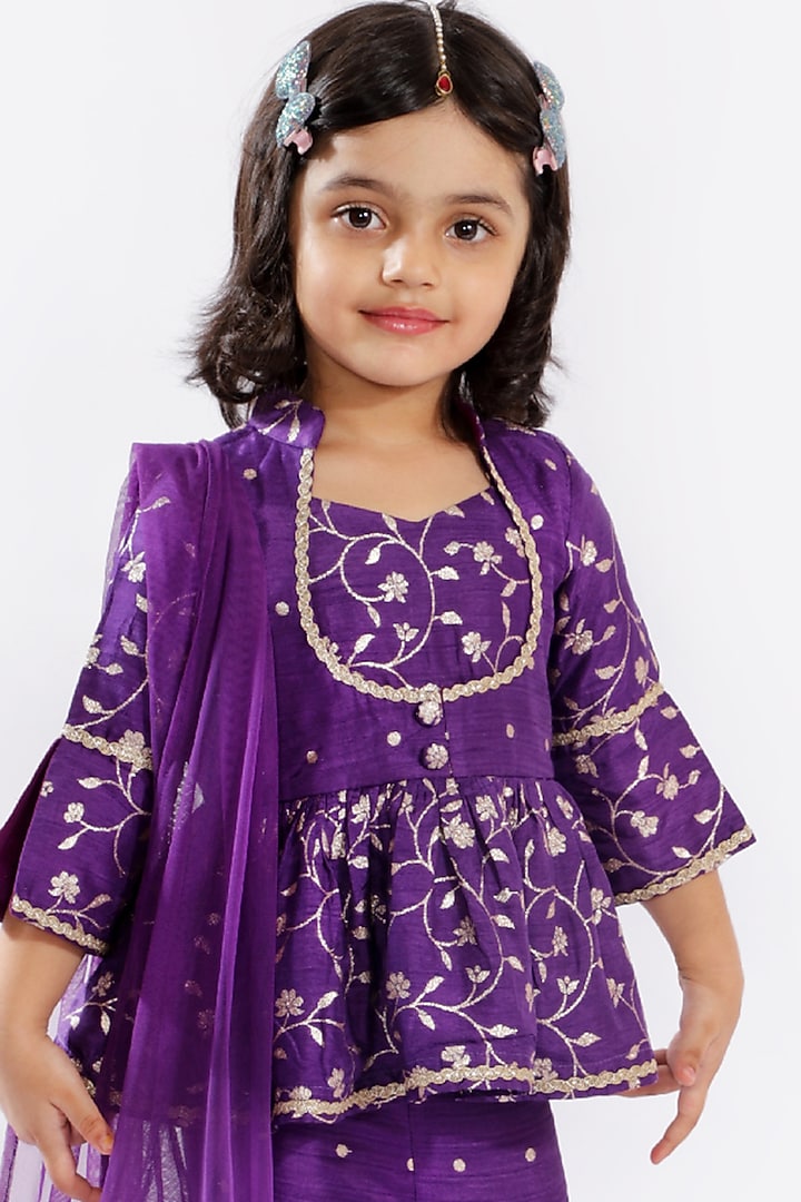 Violet Tiered Sharara Set With Zari Work For Girls by Free Sparrow at Pernia's Pop Up Shop