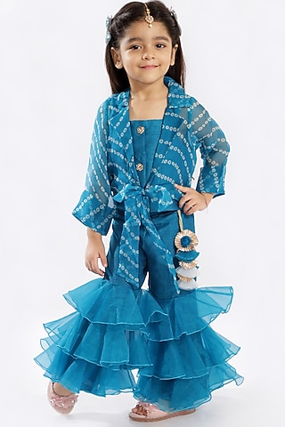 Blue Dupion Silk Sharara Set For Girls by Free Sparrow