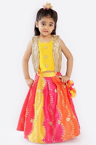 Multi-Colored Embroidered Lehenga Set For Girls by Free Sparrow