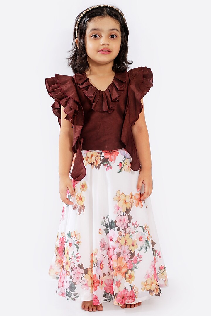 Brown & White Floral Printed Lehenga Set For Girls by Free Sparrow