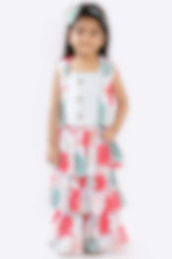 Blue Printed Layered Sharara Set For Girls by Free Sparrow