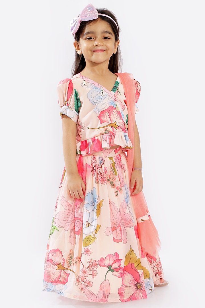 Peach Georgette Lehenga Set For Girls by Free Sparrow