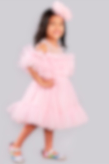 Pink Layered Dress With Crystals For Girls by Free Sparrow