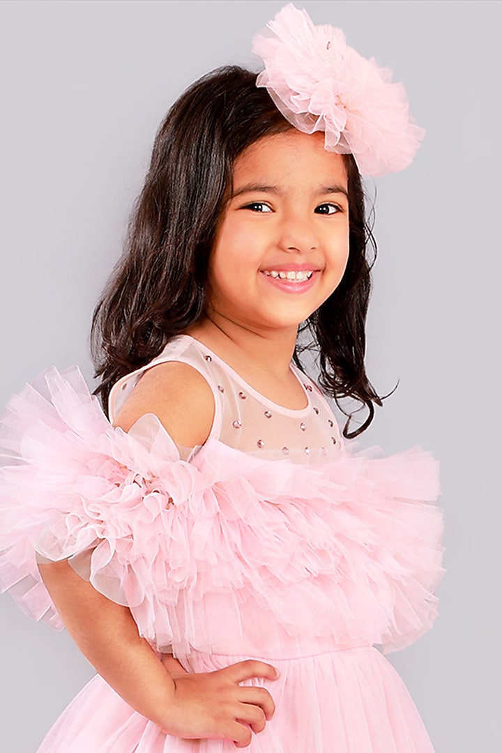 Pink Layered Dress With Crystals For Girls by Free Sparrow at Pernia's Pop Up Shop