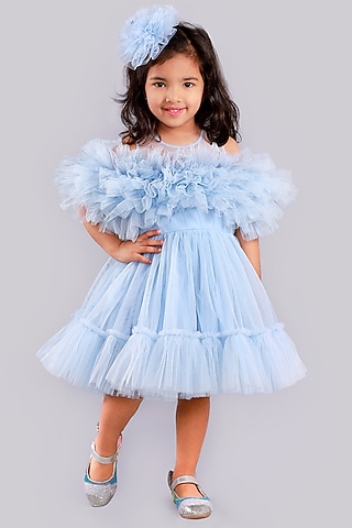 Blue Layered Dress With Crystals For Girls by Free Sparrow