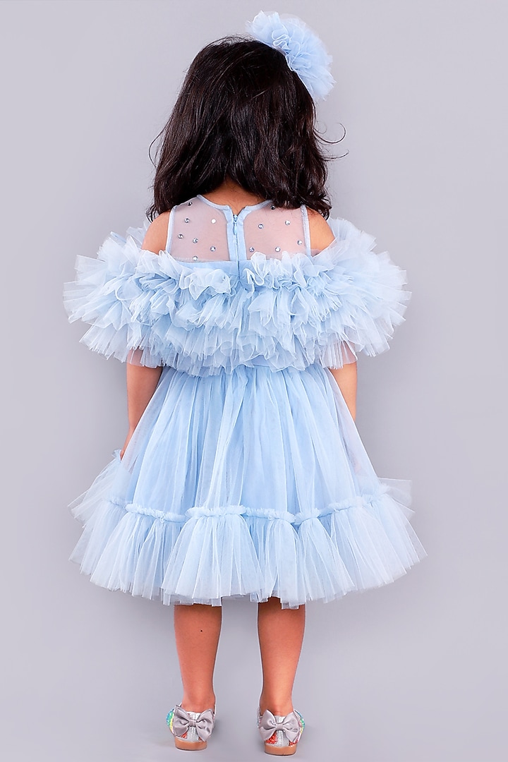 Blue Layered Dress With Crystals For Girls by Free Sparrow at Pernia's Pop Up Shop