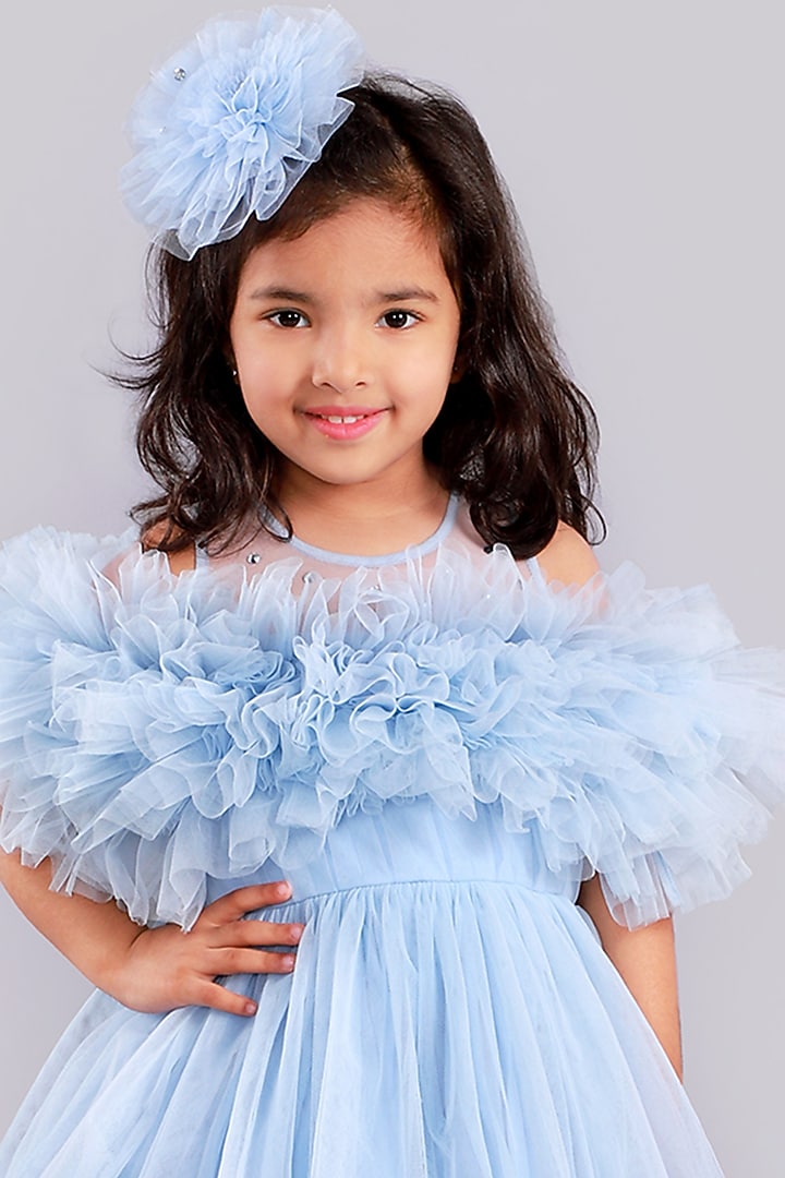 Blue Layered Dress With Crystals For Girls by Free Sparrow at Pernia's Pop Up Shop