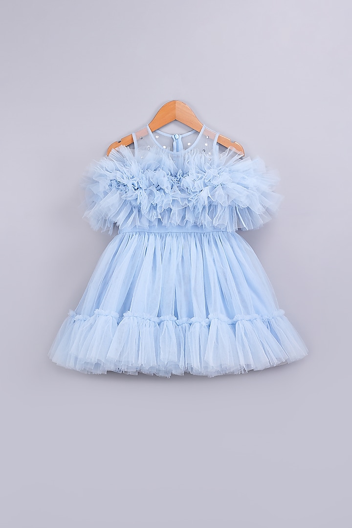 Blue Layered Dress With Crystals For Girls by Free Sparrow at Pernia's Pop Up Shop