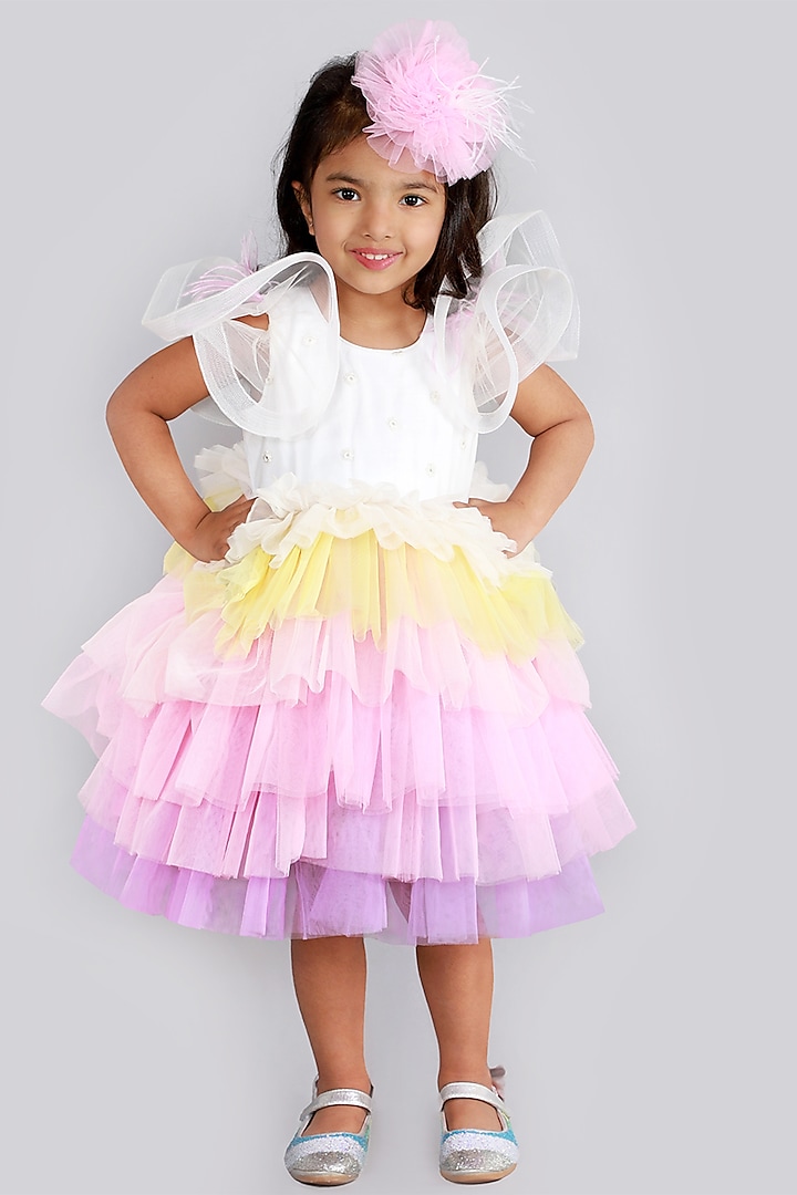 Multi Colored Tiered Dress With Thread Work For Girls by Free Sparrow