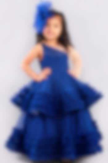 Blue Tiered Gown With Crystal Work For Girls by Free Sparrow at Pernia's Pop Up Shop