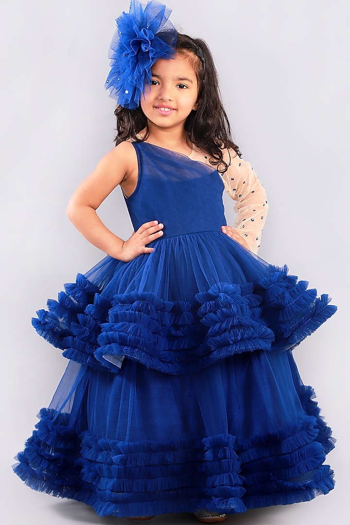 Blue Tiered Gown With Crystal Work For Girls by Free Sparrow
