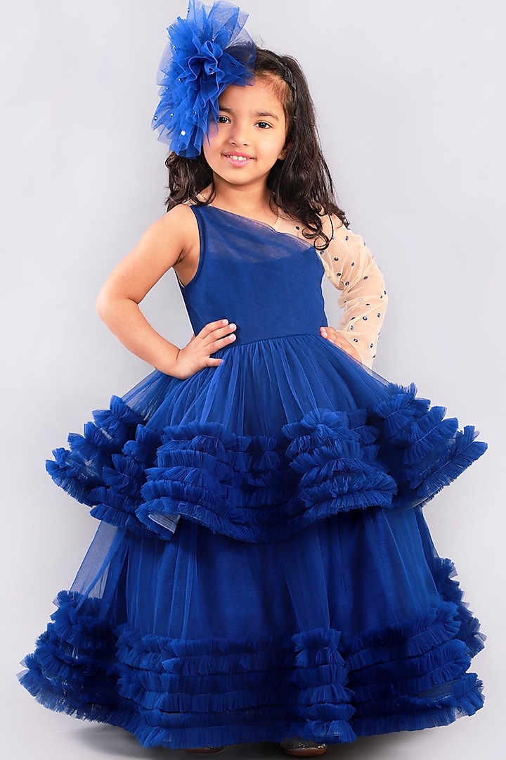 Blue Tiered Gown With Crystal Work For Girls by Free Sparrow at Pernia's Pop Up Shop