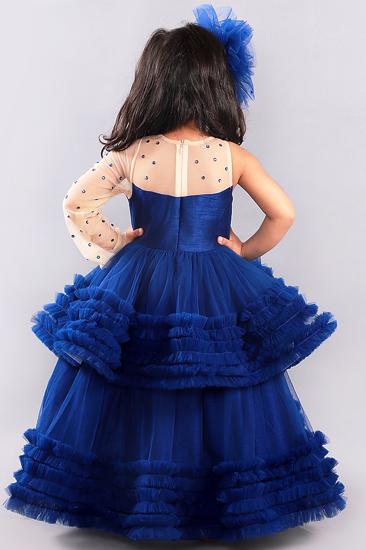 Blue Tiered Gown With Crystal Work For Girls by Free Sparrow at Pernia's Pop Up Shop