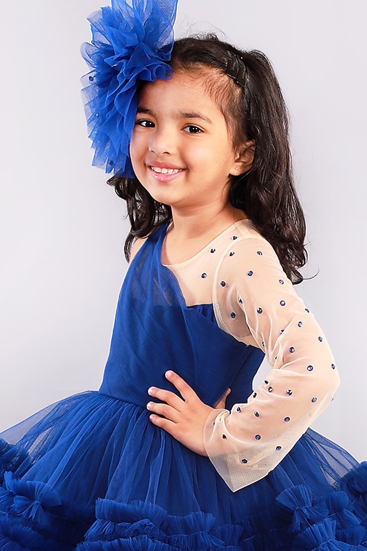 Blue Tiered Gown With Crystal Work For Girls by Free Sparrow at Pernia's Pop Up Shop