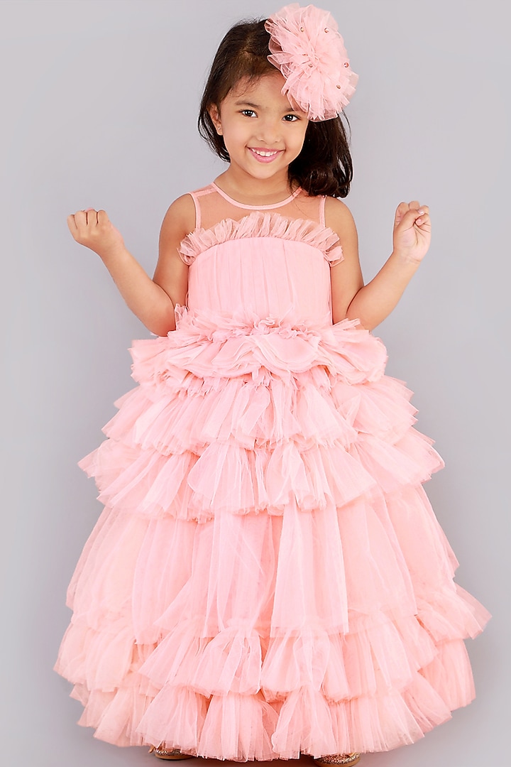 Peach Ruffled Layered Gown For Girls by Free Sparrow