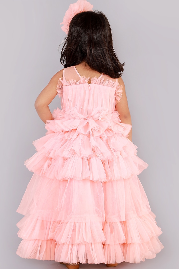 Peach Ruffled Layered Gown For Girls by Free Sparrow at Pernia's Pop Up Shop