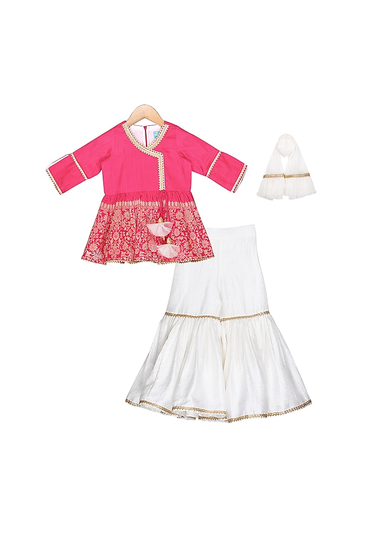 Hot Pink & Ivory Embellished Sharara Set For Girls by Free Sparrow at Pernia's Pop Up Shop