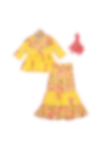 Yellow Floral Printed Sharara Set For Girls by Free Sparrow
