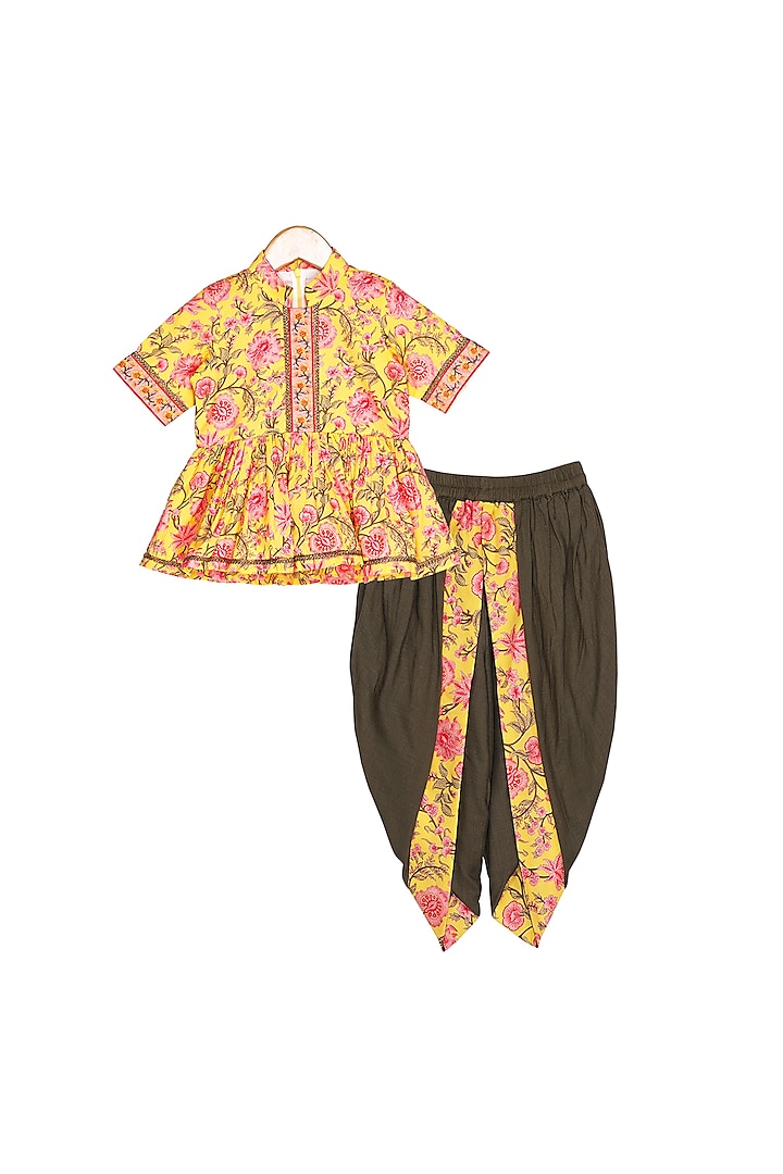 Yellow & Olive Green Printed & Embroidered Dhoti Set For Girls by Free Sparrow