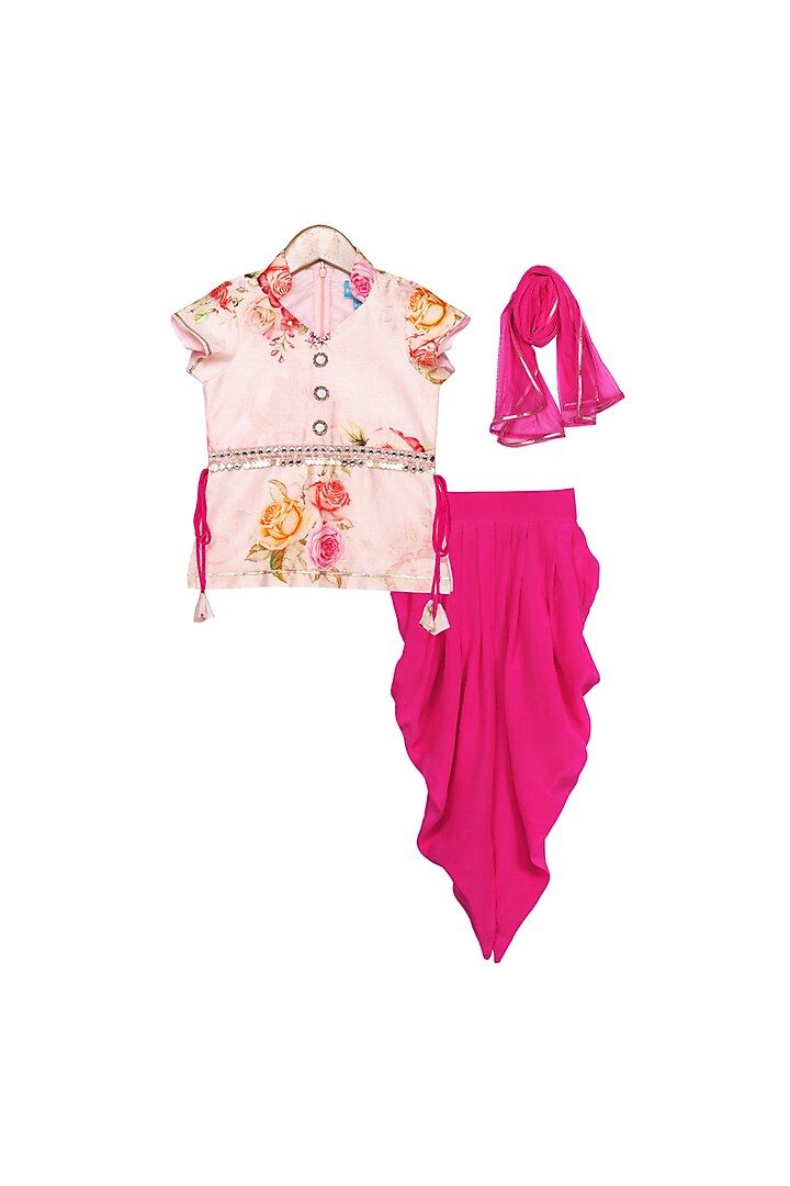 Peach & Magenta Printed Dhoti Set For Girls by Free Sparrow