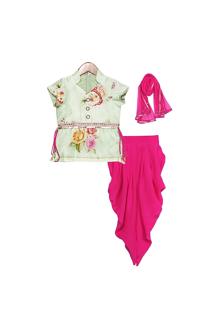 Pista & Magenta Printed Dhoti Set For Girls by Free Sparrow
