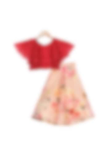 Beige Printed Lehenga With Red Top For Girls by Free Sparrow