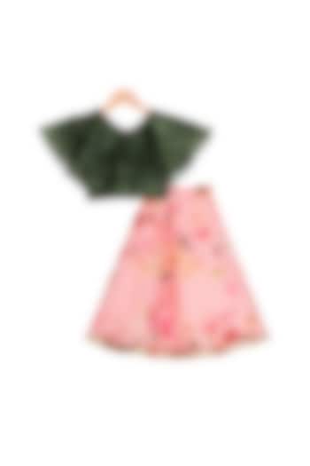 Pink Printed Lehenga With Olive Green Top For Girls by Free Sparrow
