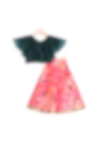 Red Printed Lehenga With Green Top For Girls by Free Sparrow