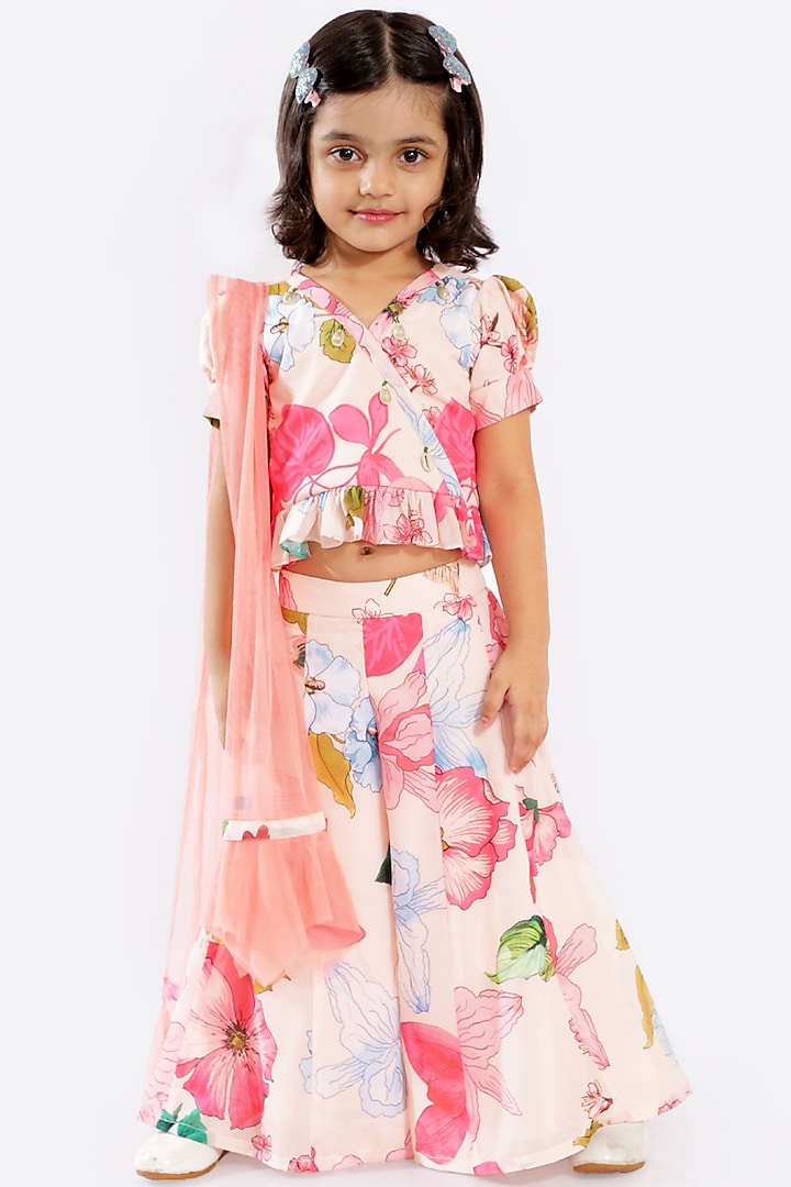 Peach Floral Printed Palazzo Pant Set For Girls by Free Sparrow at Pernia's Pop Up Shop
