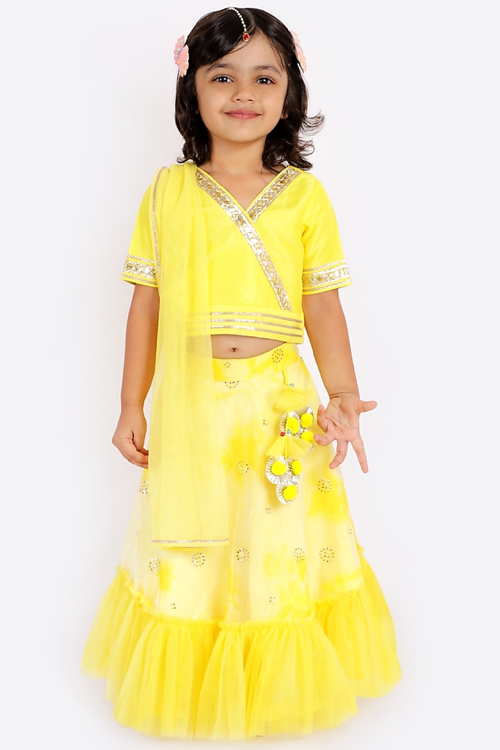 Butter Yellow Frilled Lehenga Set For Girls by Free Sparrow at Pernia's Pop Up Shop