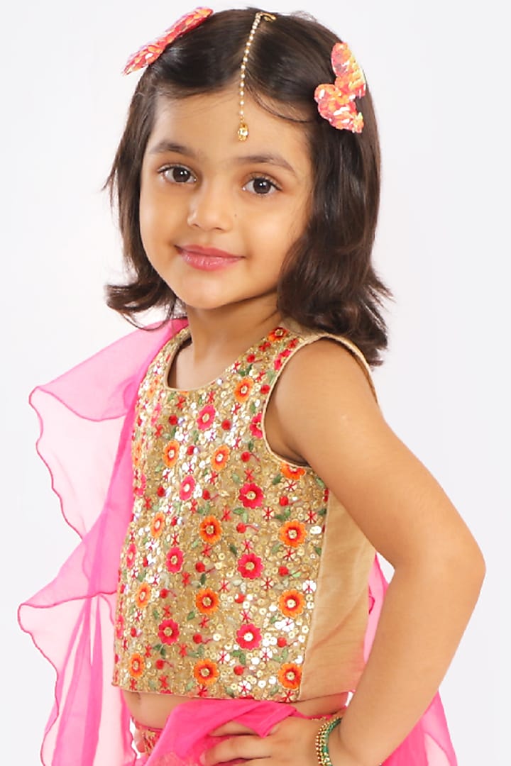Fuchsia Embroidered Lehenga Set For Girls by Free Sparrow at Pernia's Pop Up Shop