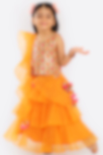 Orange Embroidered Lehenga Set For Girls by Free Sparrow at Pernia's Pop Up Shop