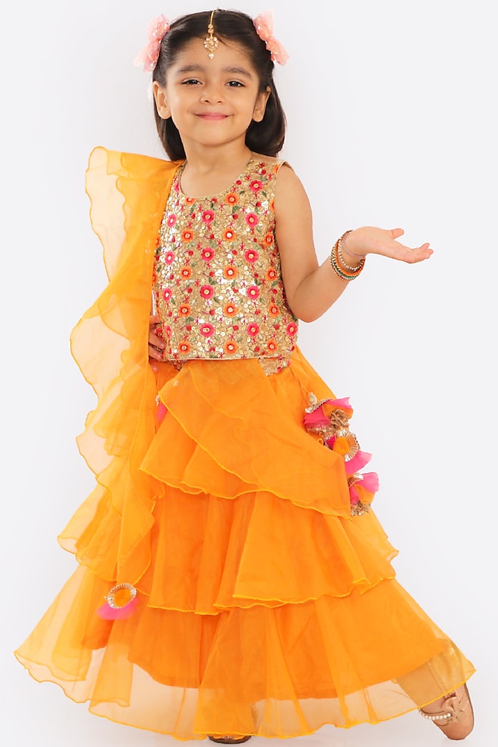 Orange Embroidered Lehenga Set For Girls by Free Sparrow