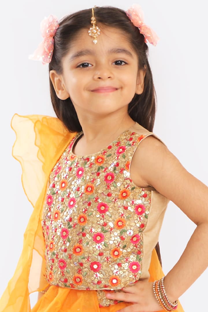 Orange Embroidered Lehenga Set For Girls by Free Sparrow at Pernia's Pop Up Shop